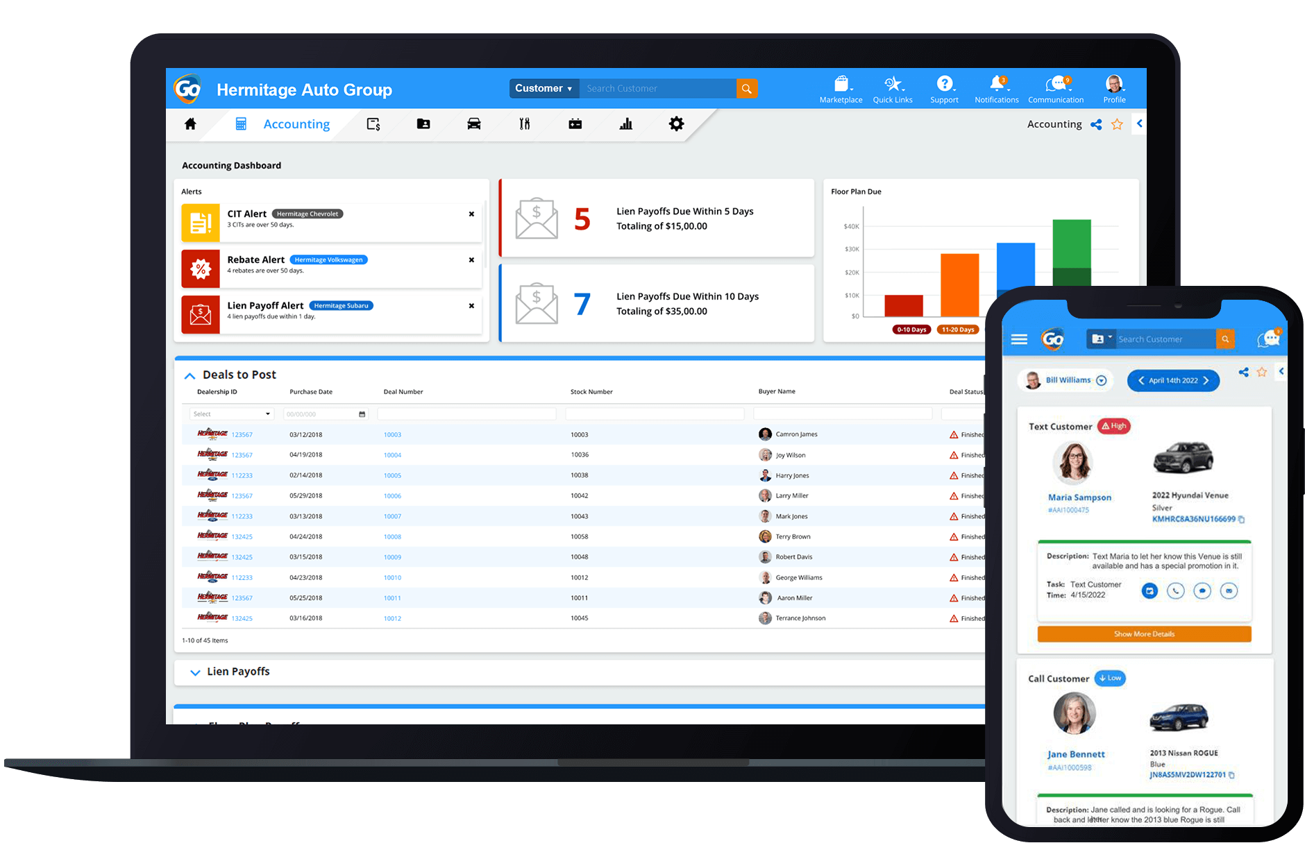 Laptop open to Autosoft Go accounting page and mobile phone open to vehicle dashboard