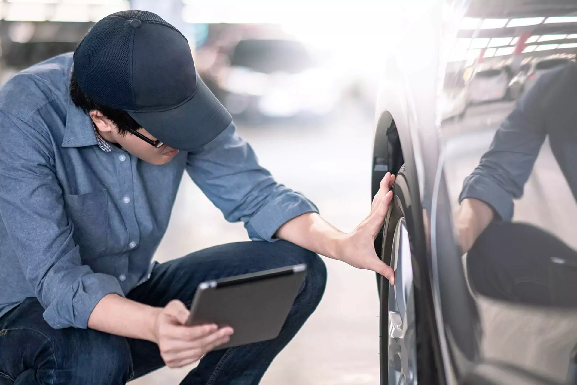 Man with black hat looking at a car wheel while holding a tablet in auto garage